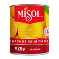 Lata de durazno en mitades Misol 820g — distribución mayorista Irurzun